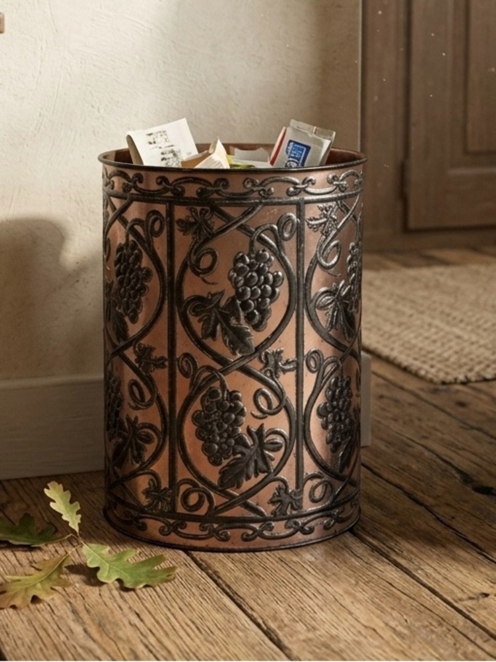 Vintage Grape Vine Metal Small 13” Wastebasket in Copper by Weibro French Theme